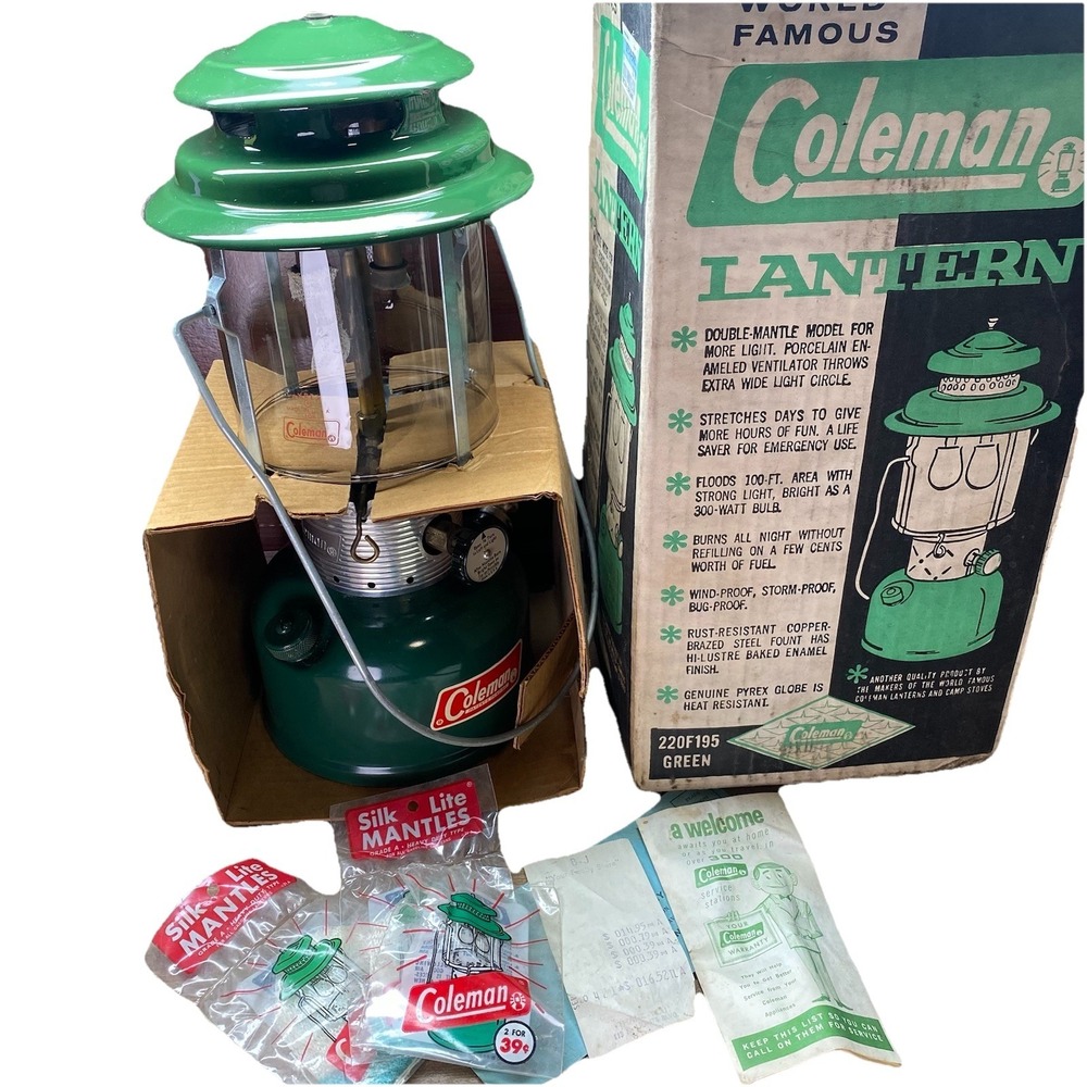Vintage Coleman 220F Dual Mantle Camp Lantern 1966 Pyrex Globe Original Box USA